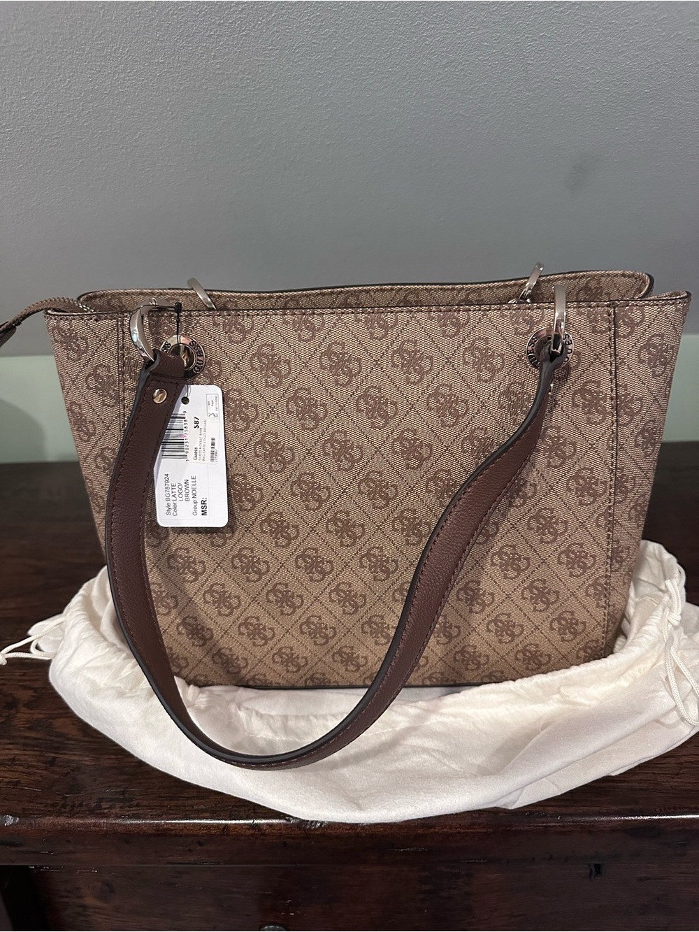 GUESS Taupe Monogram Print Tote with Dark Brown Straps - Picture 2 of 3